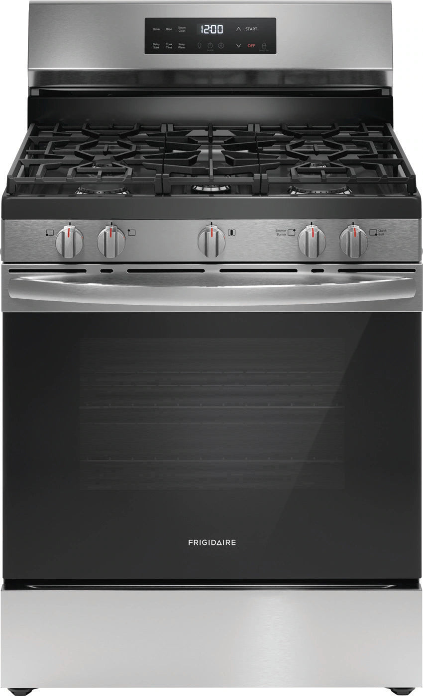 Frigidaire 30in 5 Burner Freestanding Gas Range in Stainless Steel with Quick Boil and Steam Clean Model# FCRG3062AS
