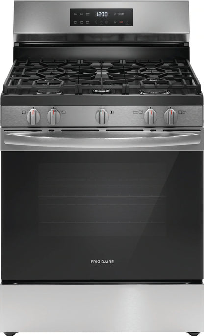 Frigidaire 30in 5 Burner Freestanding Gas Range in Stainless Steel with Quick Boil and Steam Clean Model# FCRG3062AS