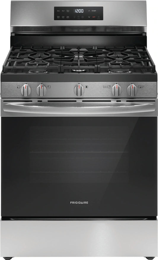 Frigidaire 30in 5 Burner Freestanding Gas Range in Stainless Steel with Quick Boil and Steam Clean Model# FCRG3062AS
