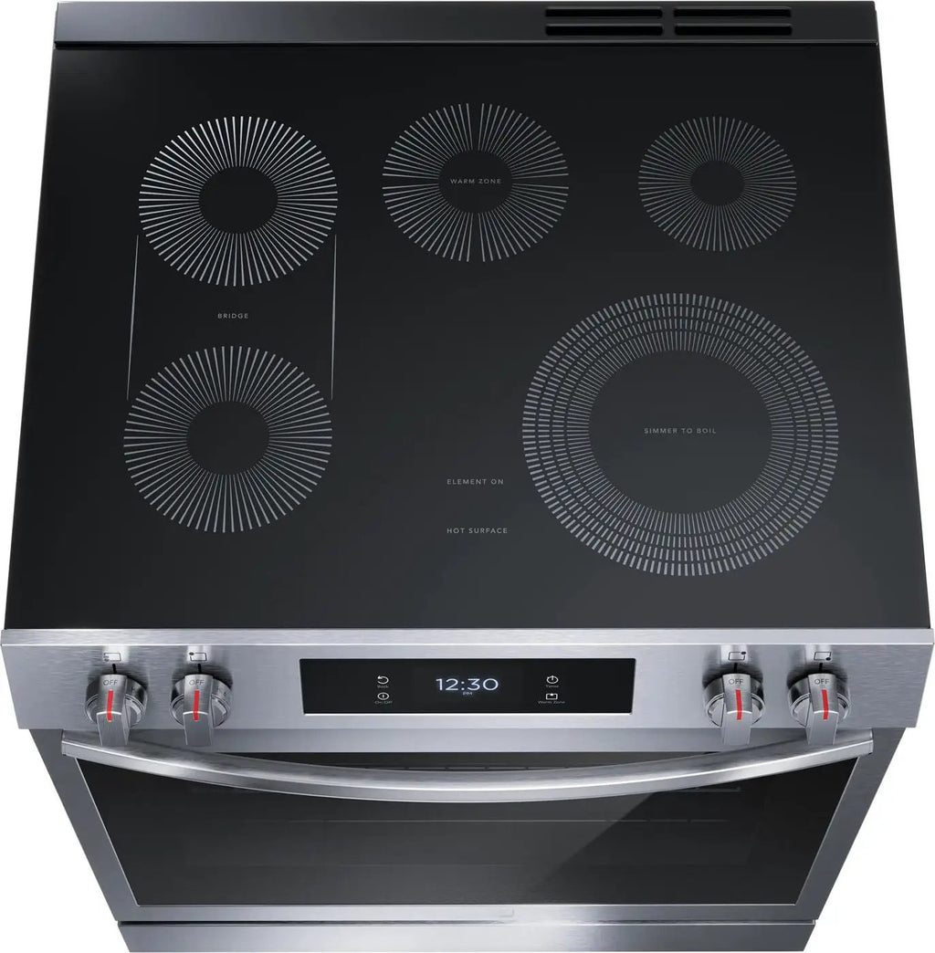 Frigidaire Gallery 30 in. 6.2 cu.ft. 5 Burner Element Slide-In Electric Range with Total Convection & Air Fry in SmudgeProof Stainless Model# GCFE306CBF by Smiths Appliance & Furniture