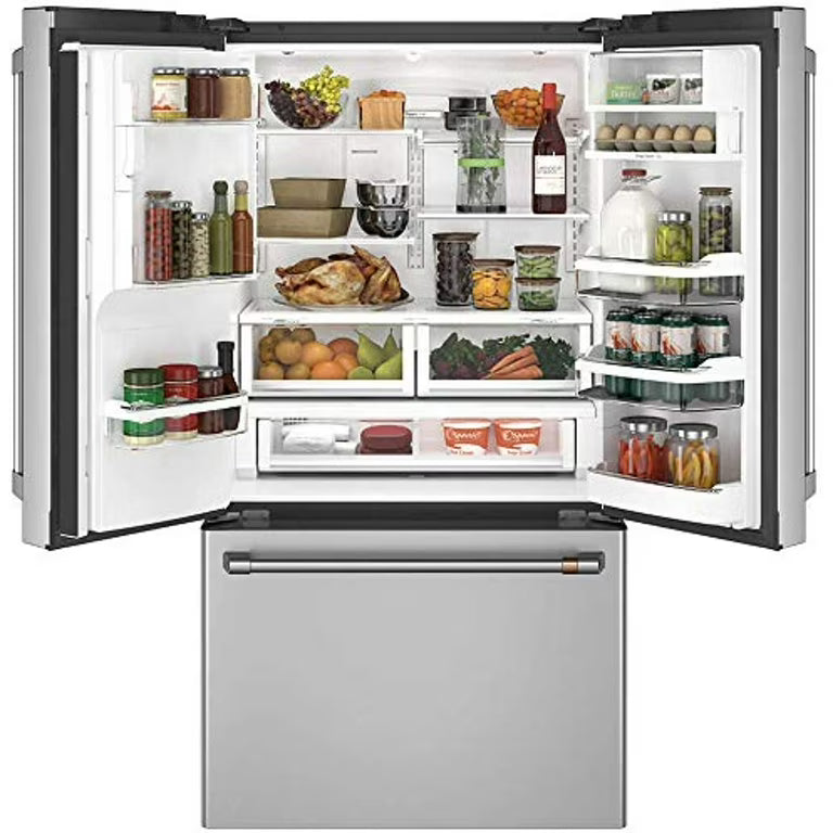 Cafe Counter-Depth Hot Water Dispenser 22.2-cu ft 3 -Door 36-in Wide French Door Refrigerator with Ice Maker ( Stainless Steel with Brushed Stainless Handles ) ENERGY STAR Certified Model# CYE22TP2MNS A10-56 by Scratch-n-Dent Depot