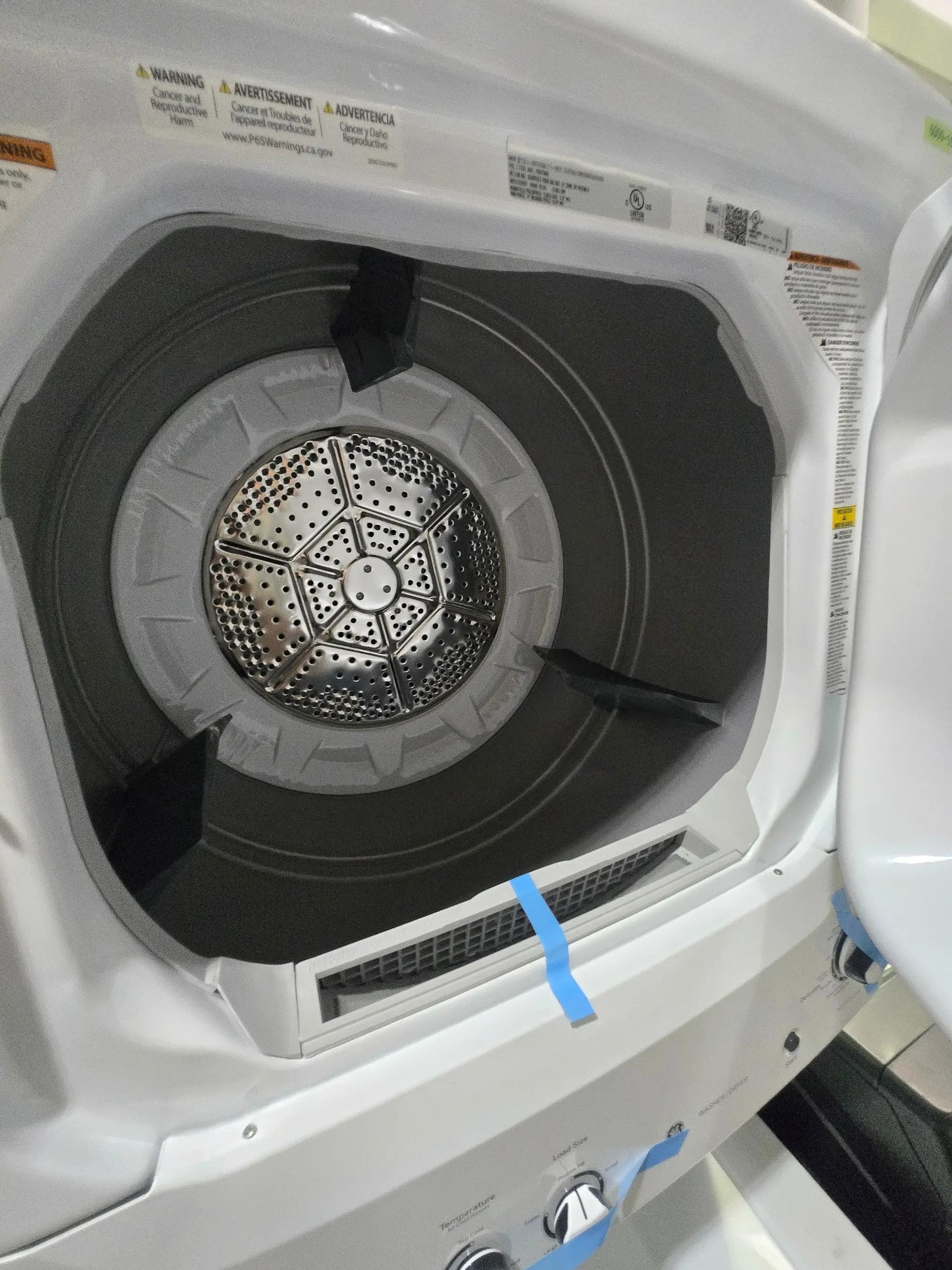 GE Gas Stacked Laundry Center with 3.8-cu ft Top load Washer and 5.9-cu ft Dryer White Model# GUD27GSSMWW by Scratch N Dent Depot
